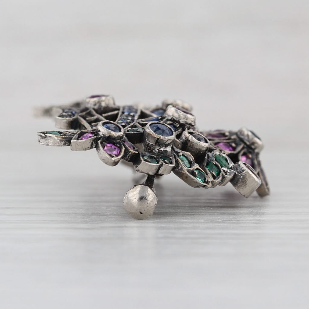 Antique 2.50ctw Gemstone Floral Brooch Silver Emerald Ruby Sapphire Pin