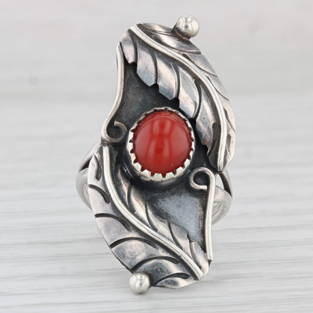 Light Gray Vintage Native American Red Coral Ring Sterling Silver Size 5.25 Statement