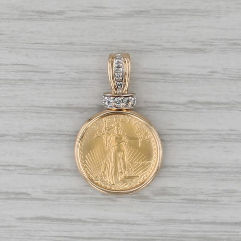 1986 American Gold Eagle Coin Pendant 14k 22k Gold Diamonds 1/10oz $5 AGE