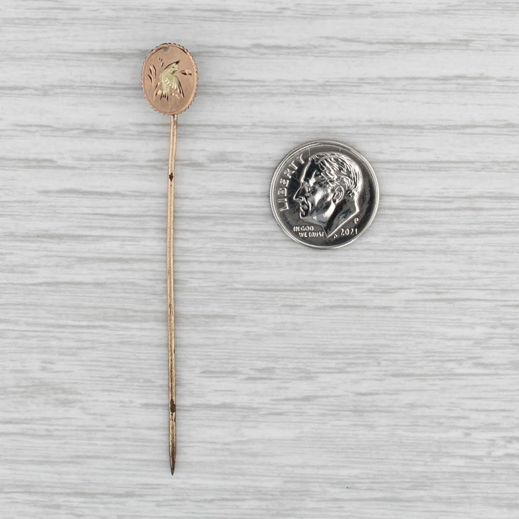 Antique Victorian Engraved Bird Stickpin Gold Filled Rose Yellow Green