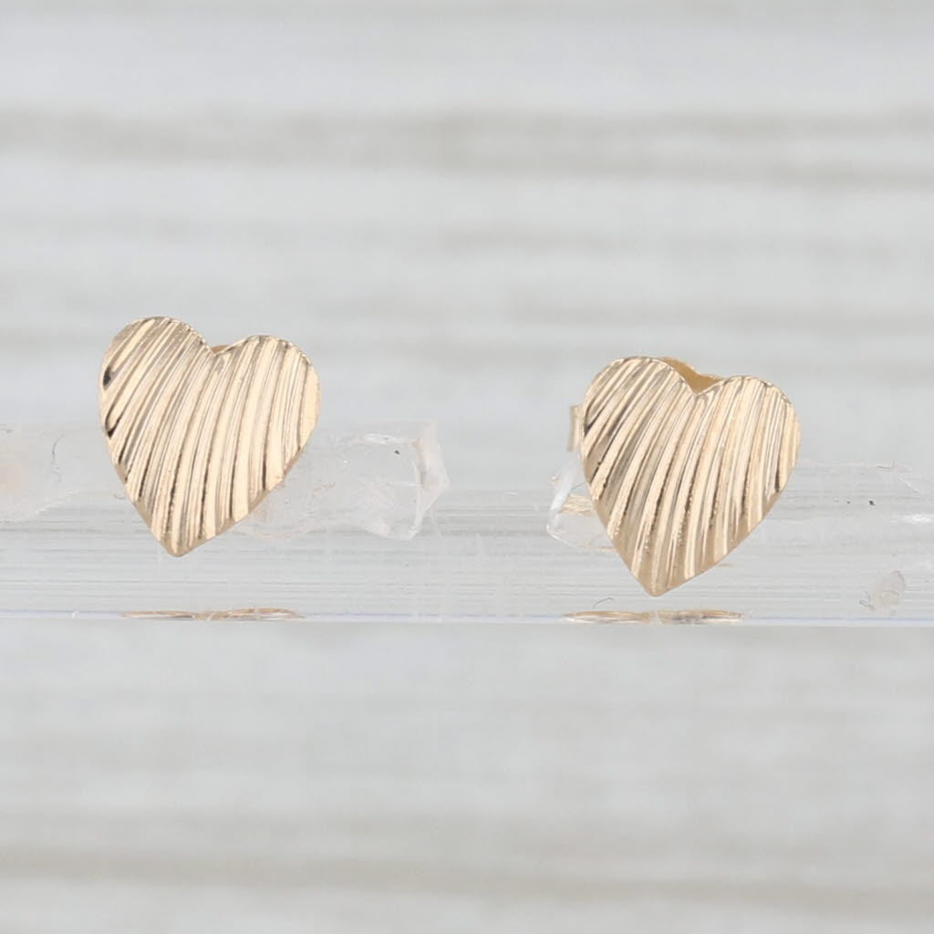 Light Gray Small Ridge Heart Stud Earrings 14k Yellow Gold Butterfly Backs