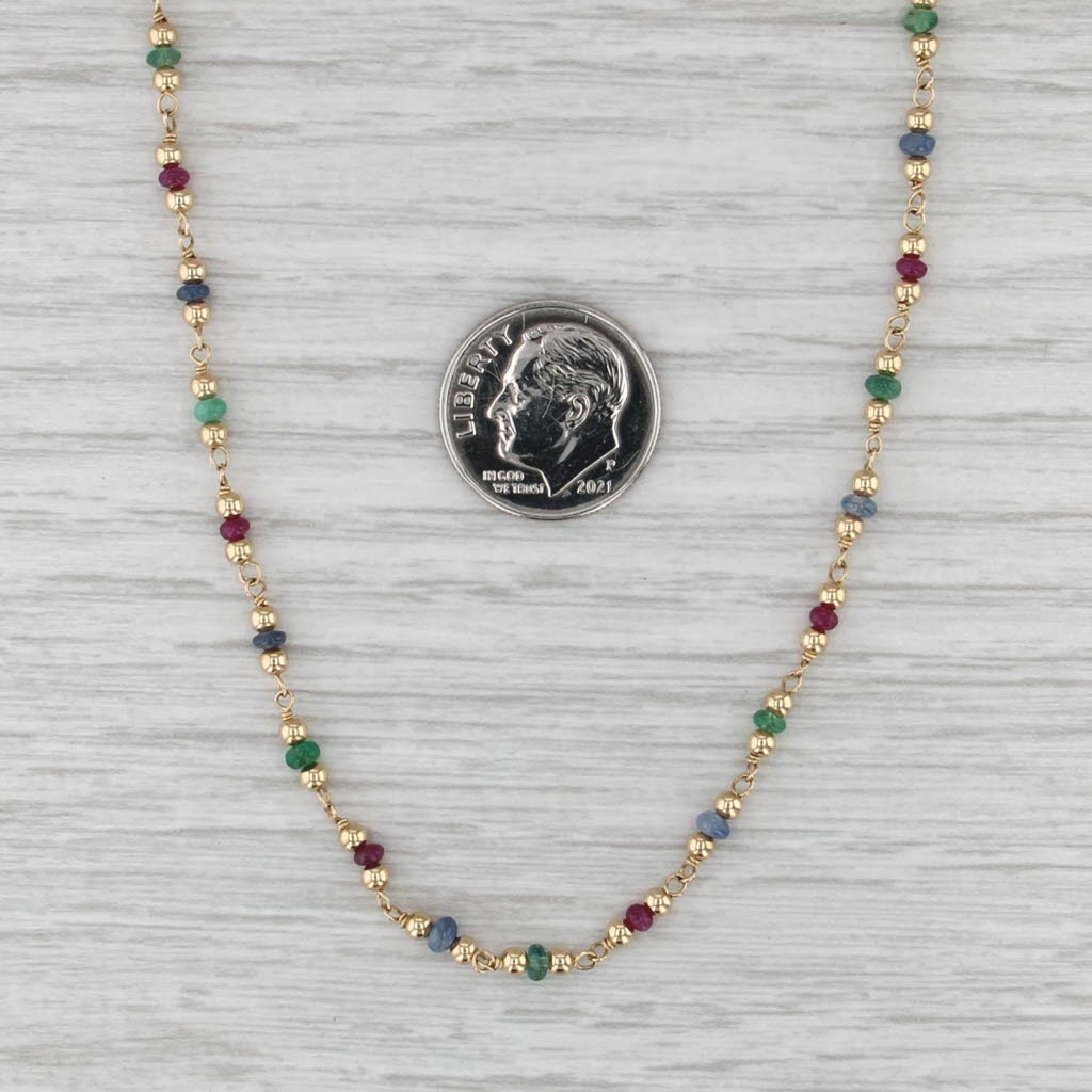 Gemstone Bead Necklace 18k Yellow Gold 16" Chain Emerald Sapphire Ruby