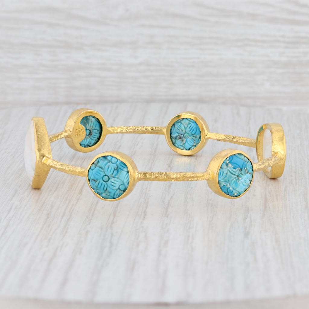 New Nina Nguyen Turquoise Moonstone 8" Bangle Bracelet Sterling 22k Vermeil