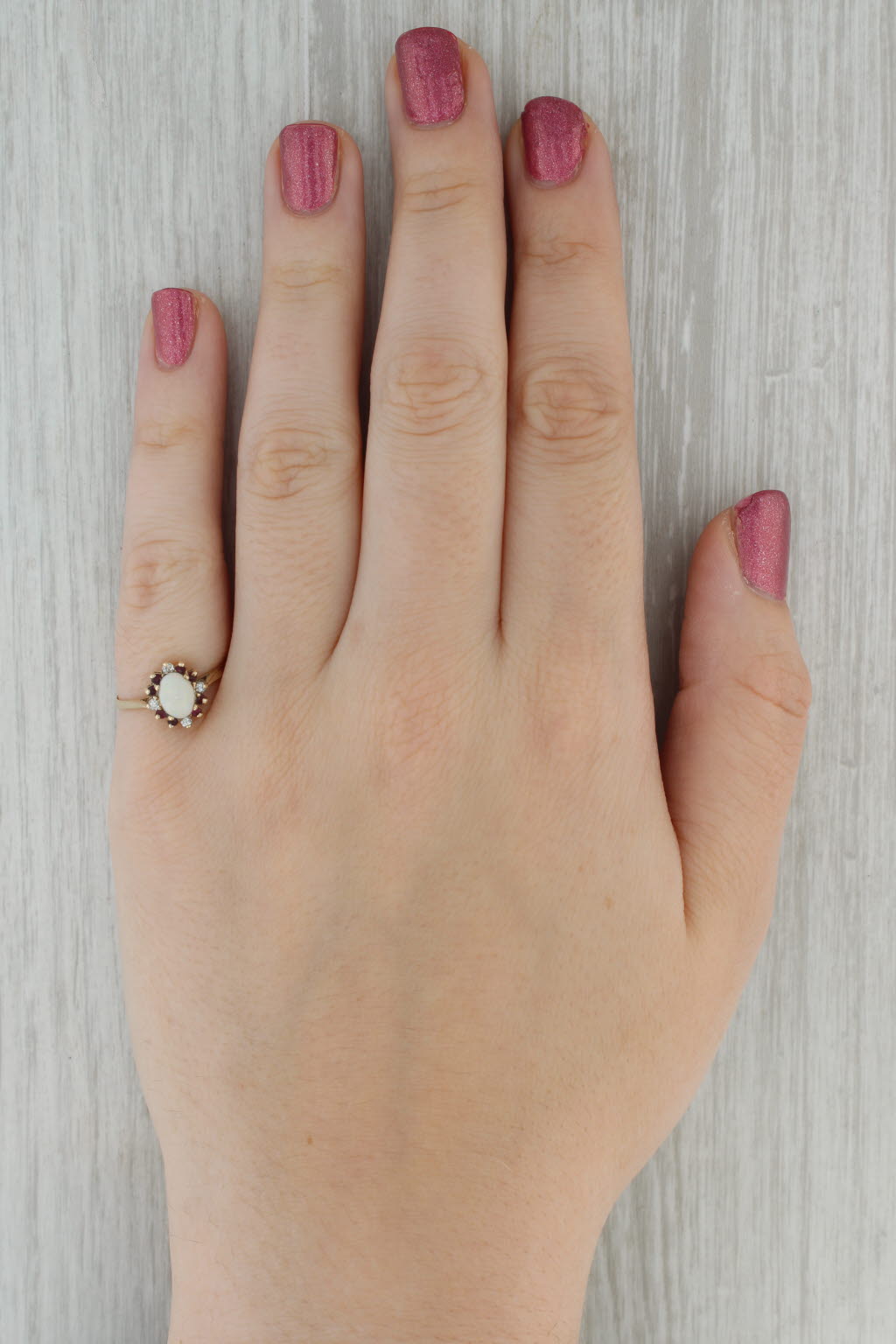 Rosy Brown Opal Ruby Diamond Halo Ring 10k Yellow Gold Size 7 Cathedral Band