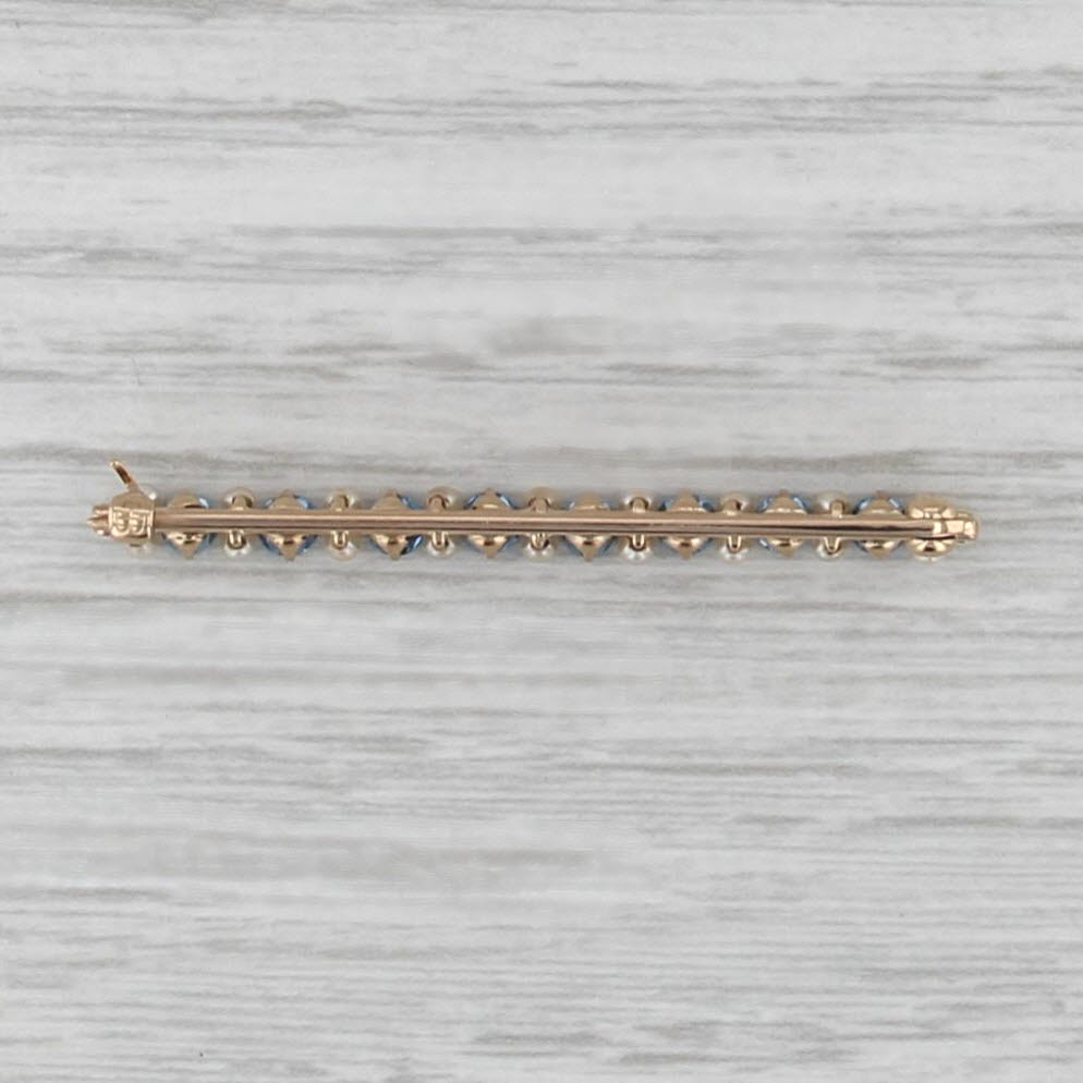 Seed Pearl Lab Created Blue Sapphire Bar Brooch 14k Yellow Gold Pin