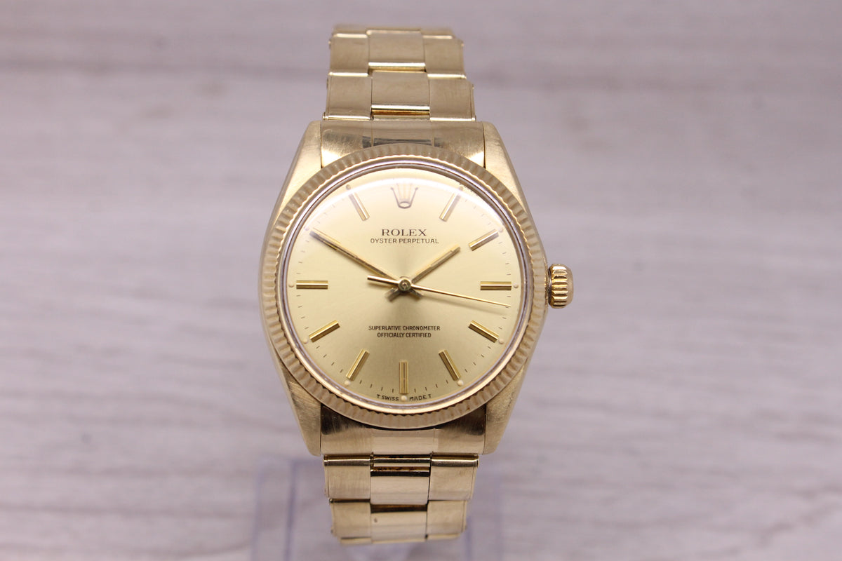 Vintage 1982 Rolex Oyster Perpetual 1005 34mm 14k Yellow Gold w Rivet Bracelet