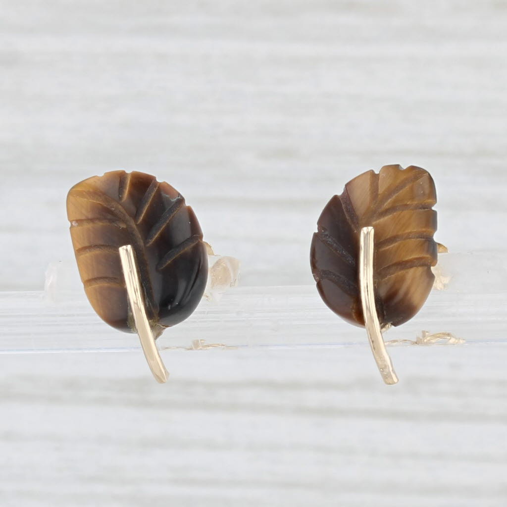 Light Gray Vintage Carved Leaf Tiger's Eye Stud Earrings 14k Yellow Gold