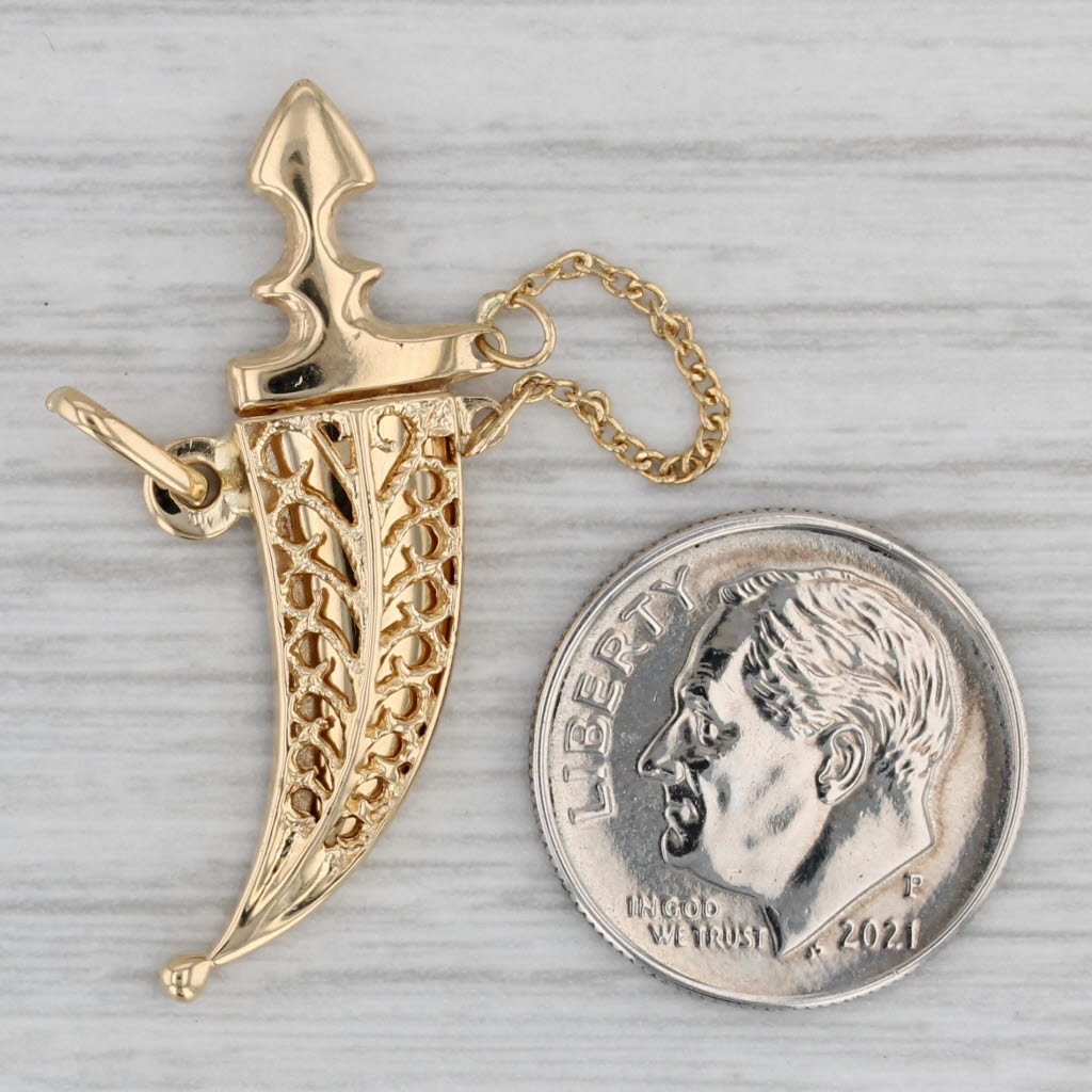 Gray Dagger in Sheaf Charm 18k Yellow Gold Pendant Opens