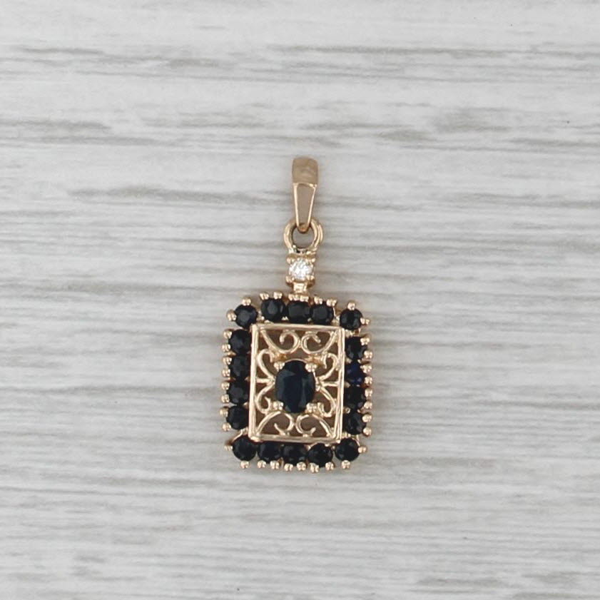 0.81ctw Sapphire Diamond Pendant 14k Yellow Gold Oval Halo Openwork Drop
