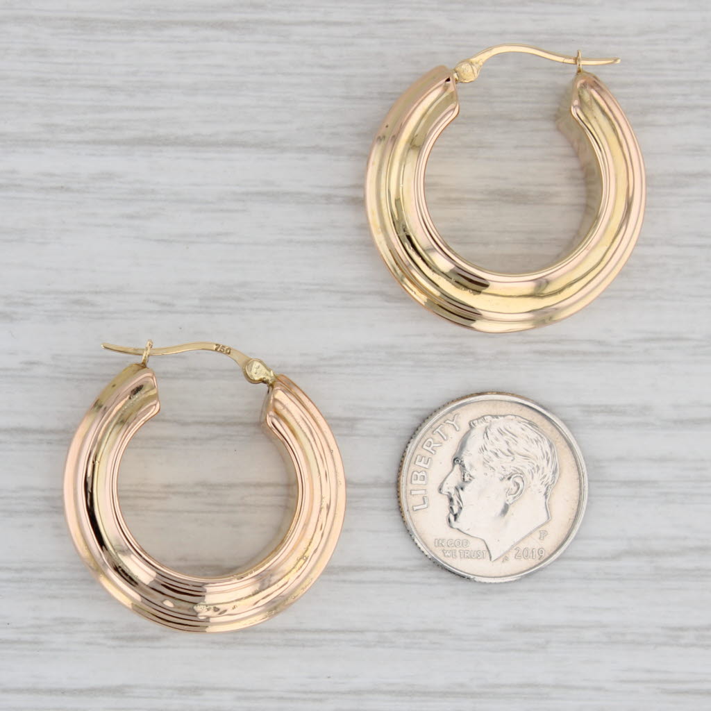 Gray Beveled Hoop Earrings 18k Yellow Gold Snap Top Round Hoops