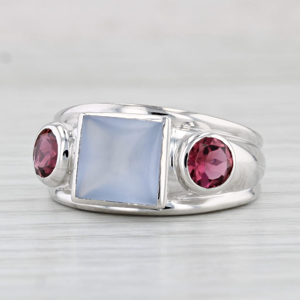 Light Gray Blue Chalcedony Pink Tourmaline Ring 14k White Gold Size 6.75