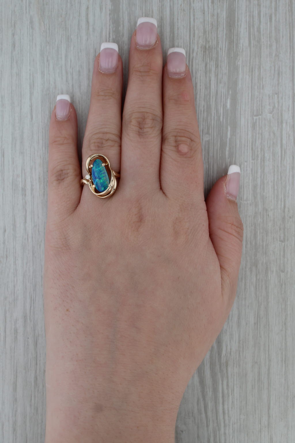 Baroque Oval Blue Green Opal Doublet Ring 14k Yellow Gold Diamond Accents Sz 7