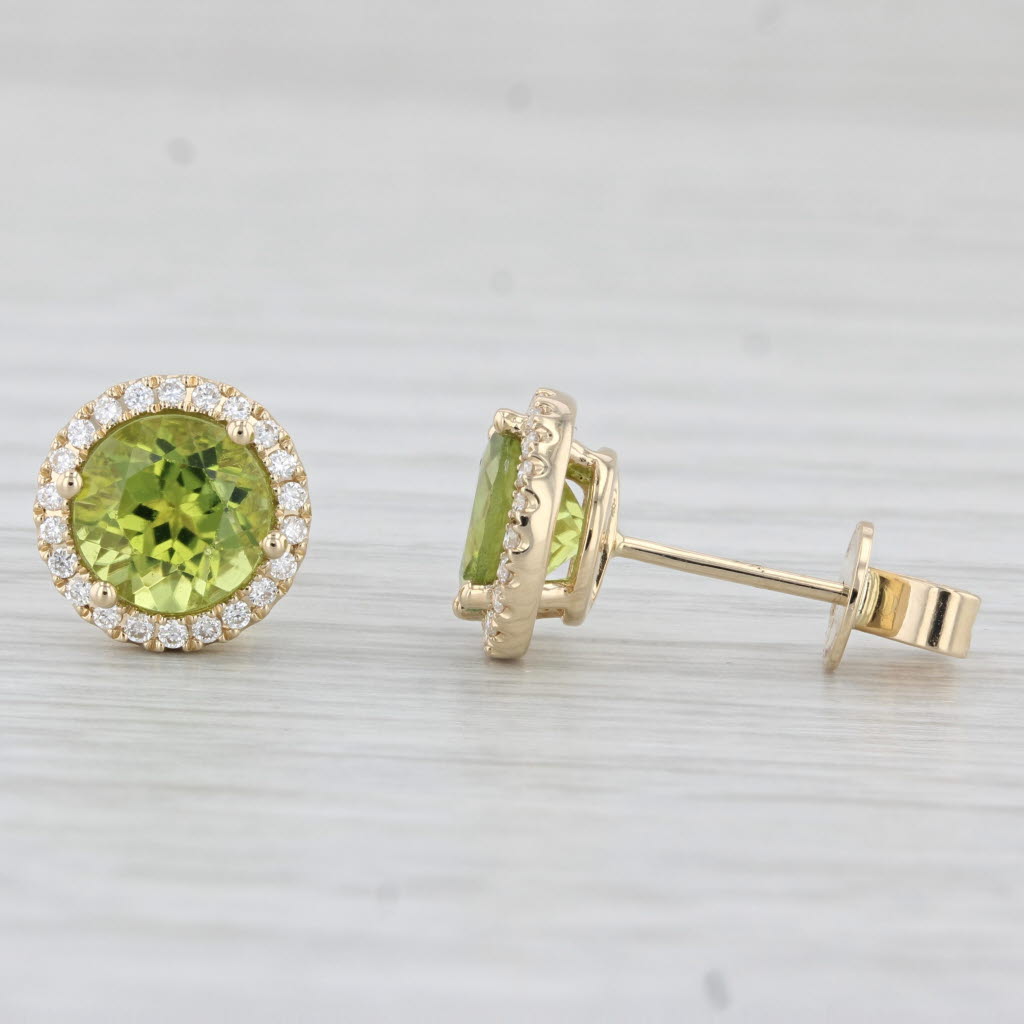 Light Gray New 3.10ctw Round Peridot Diamond Halo Stud earrings 14k Yellow Gold