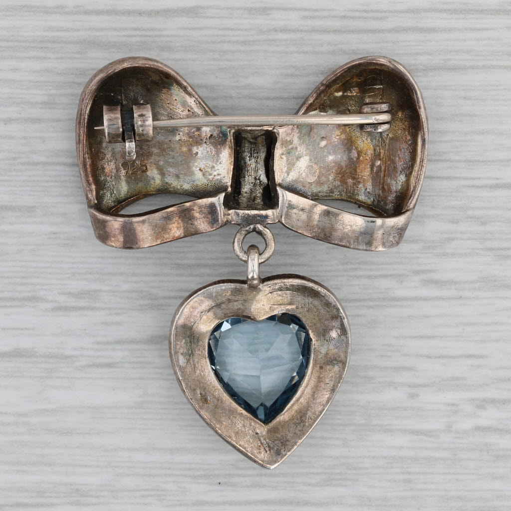 Gray Vintage Lab Created Blue Spinel Heart Bow Brooch Sterling Silver Marcasite Pin