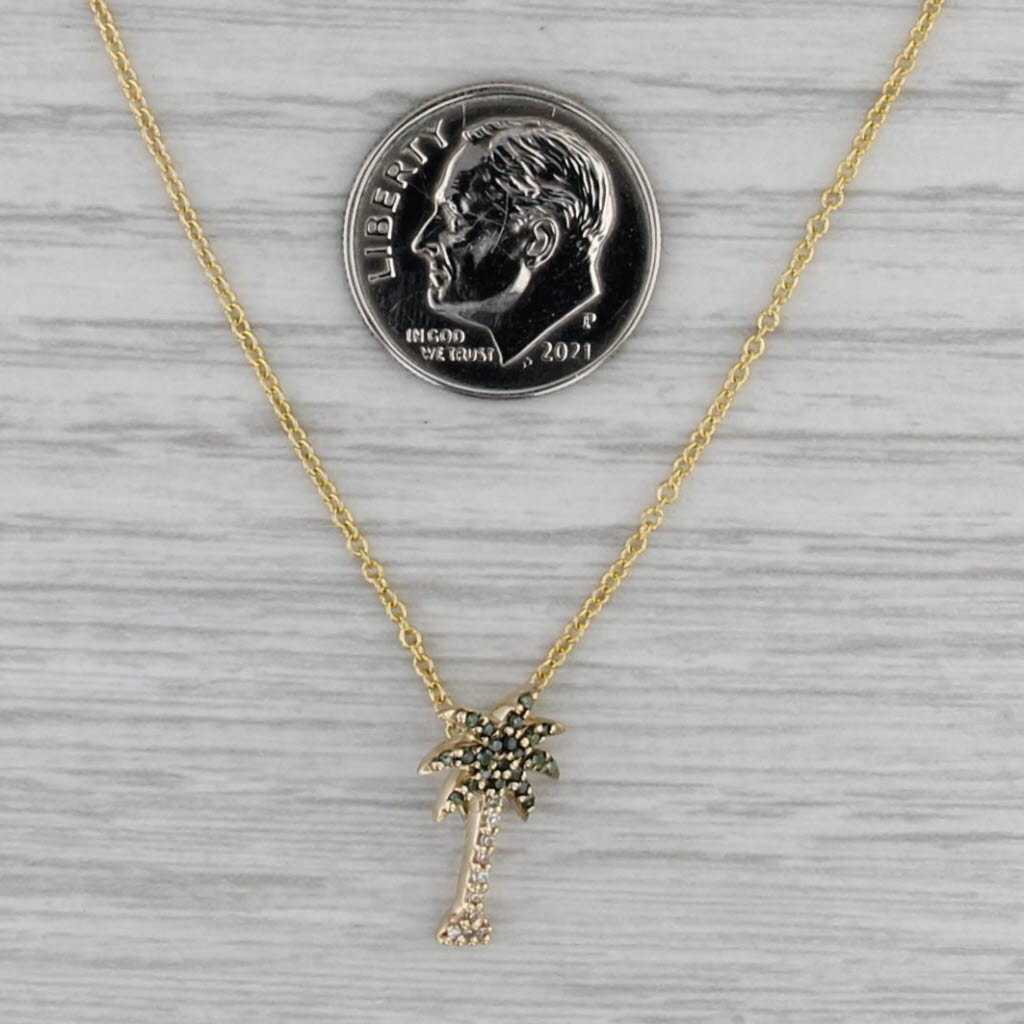 Green White Diamond Palm Tree Pendant Necklace 14k Gold 16" 18" Cable Chain
