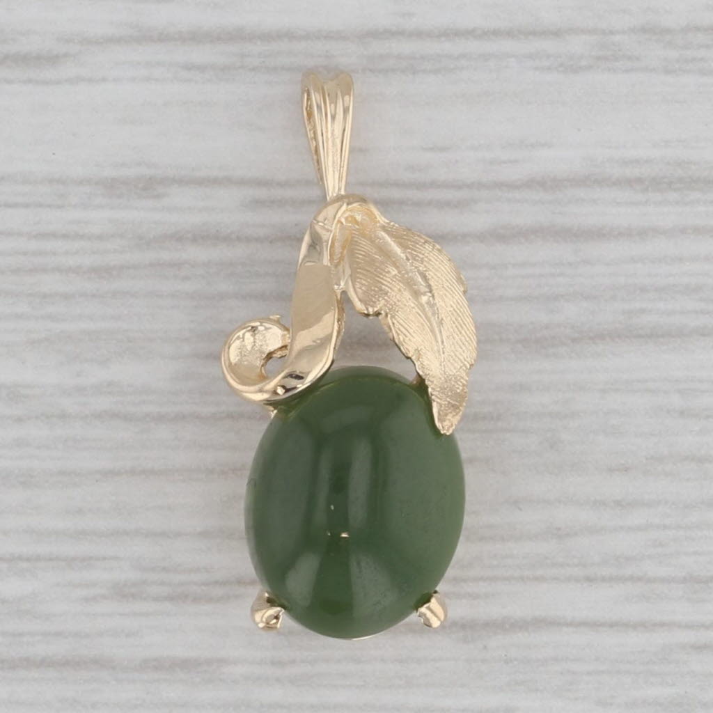 Gray Green Nephrite Jade Pendant 14k Yellow Gold Floral Oval Cabochon Solitaire