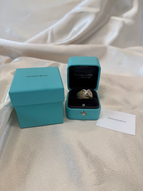 Dark Gray Tiffany Schlumberger 0.90ctw Diamond X Ring 18k Gold Platinum Size 6 Blue Boxes