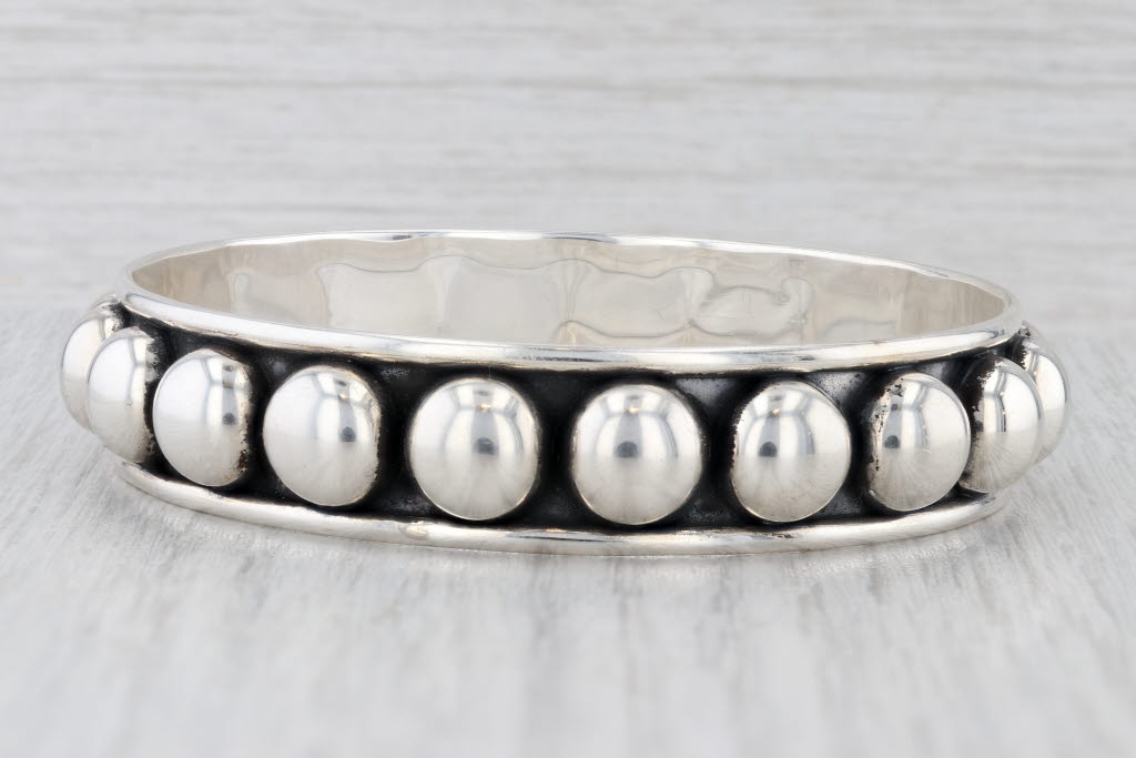 Light Gray Bead Accented Bangle Bracelet Sterling Silver Vintage Mexico 7.75" 14.3mm