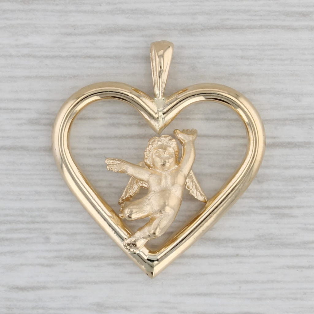 Gray Cherub Heart Pendant 14k Yellow Gold Guardian Angel