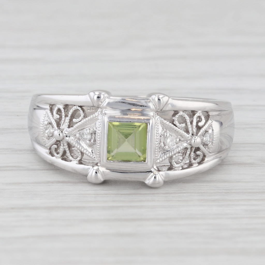 Light Gray 0.44ctw Peridot Diamond Ring 14k White Gold Filigree Size 7.25