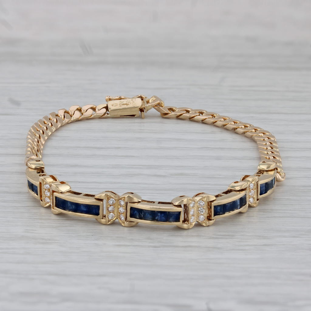 Gray 1.98ctw Blue Sapphire Diamond Bracelet 18k Yellow Gold 7.75" Curb Chain