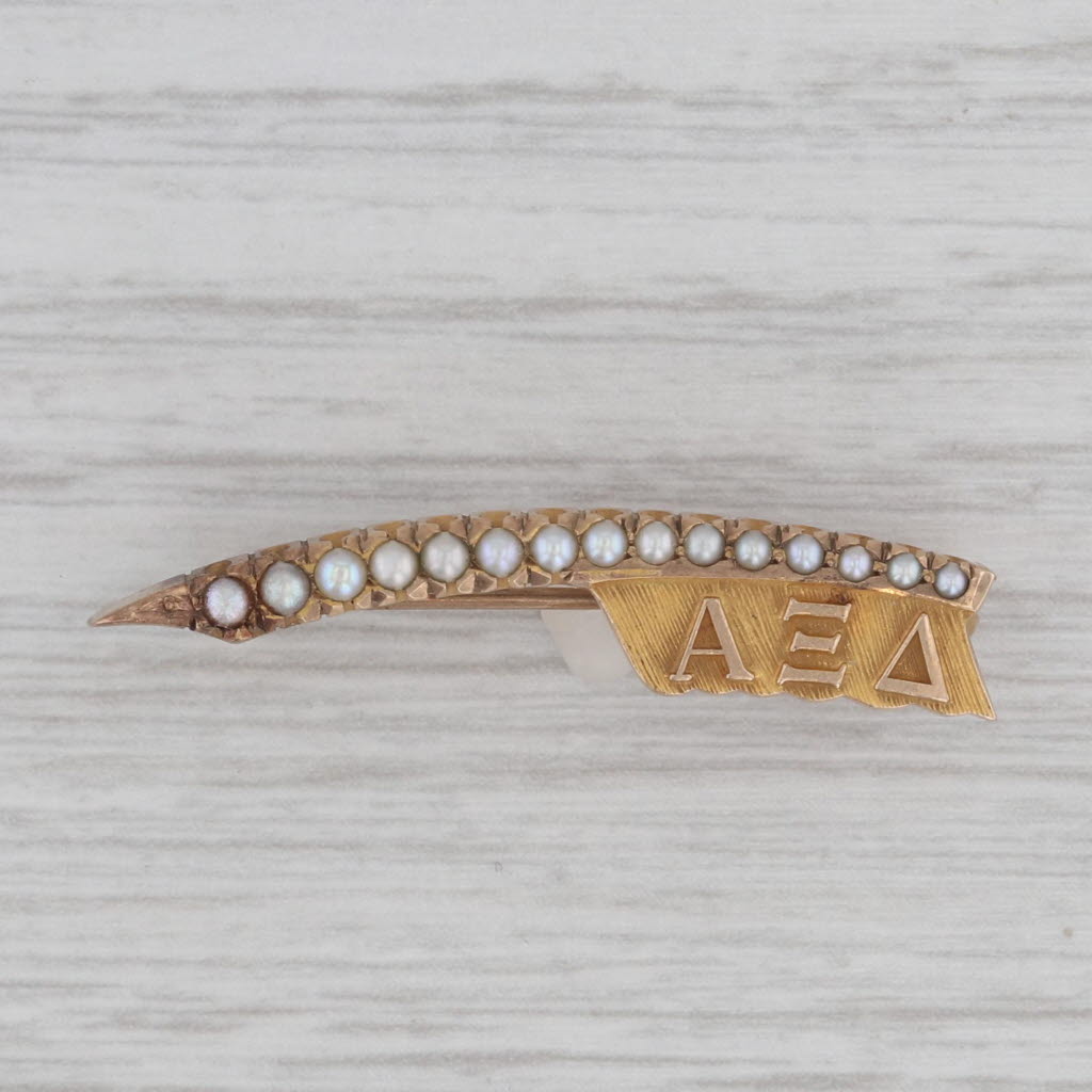 Gray Alpha Xi Delta Quill Pin 10k Gold Pearl Vintage Greek Sorority Badge