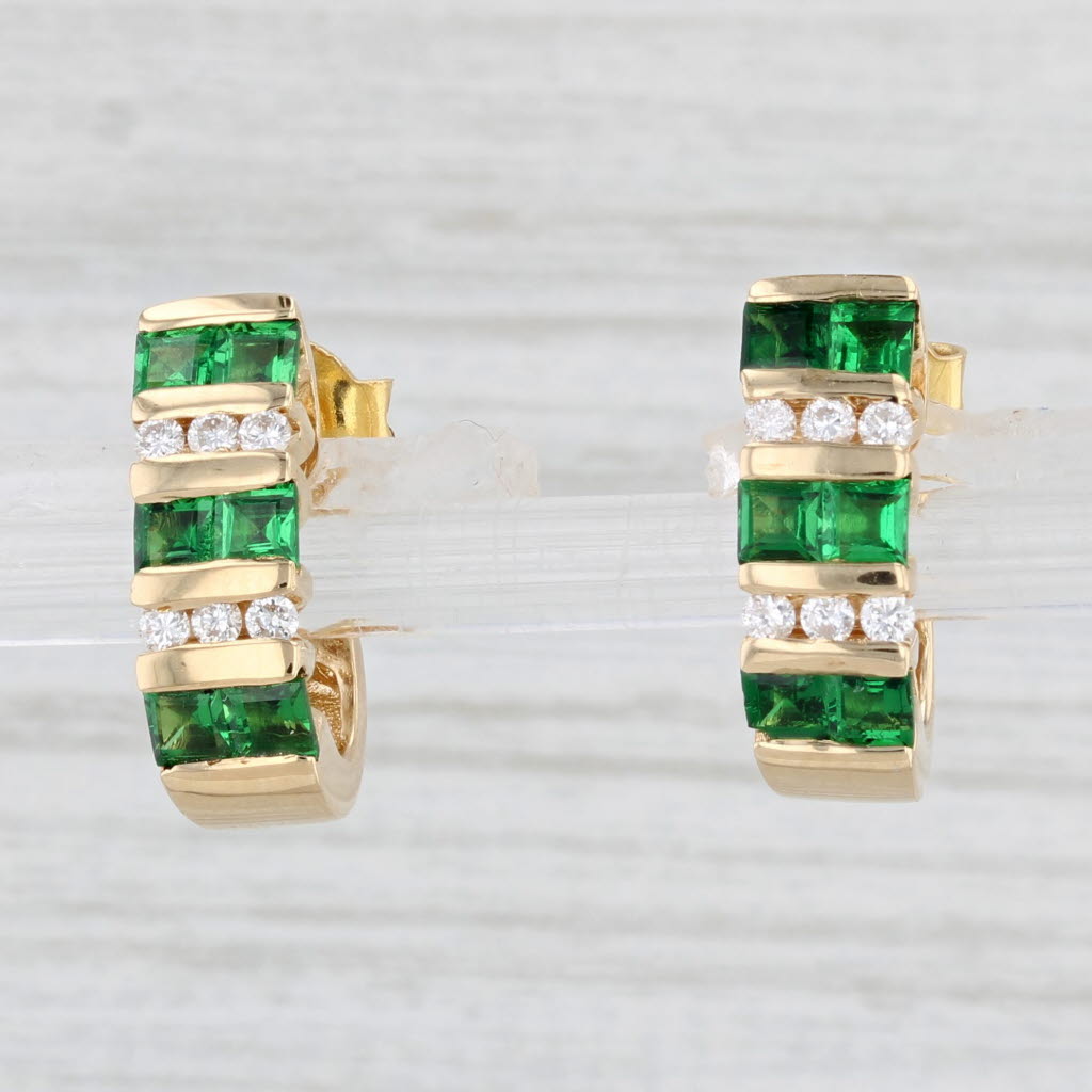 Light Gray 1.18ctw Green Tsavorite Garnet Diamond J-Hook Earrings 18k Yellow Gold