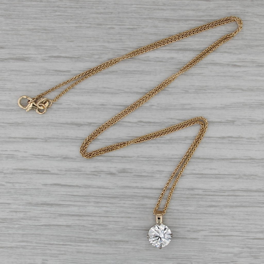 New 2.18ct Round Diamond Pendant Necklace 14k Gold 20" Wheat Chain GIA