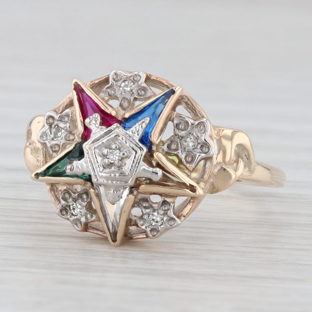 Light Gray Vintage Order Eastern Star Masonic Ring 10k Gold Diamonds Lab Created Gemstones