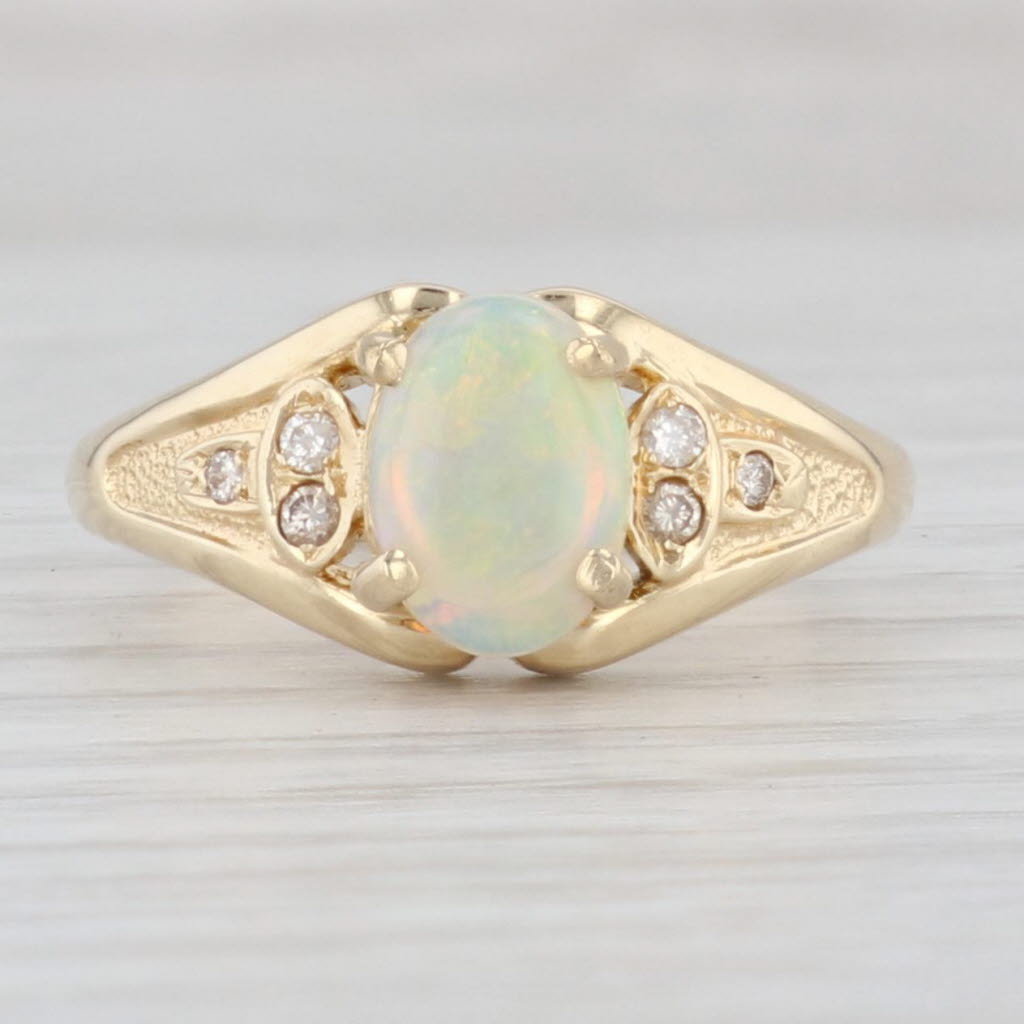 Light Gray Opal Diamond Ring 14k Yellow Gold Size 6.75 Oval Cabochon Solitaire