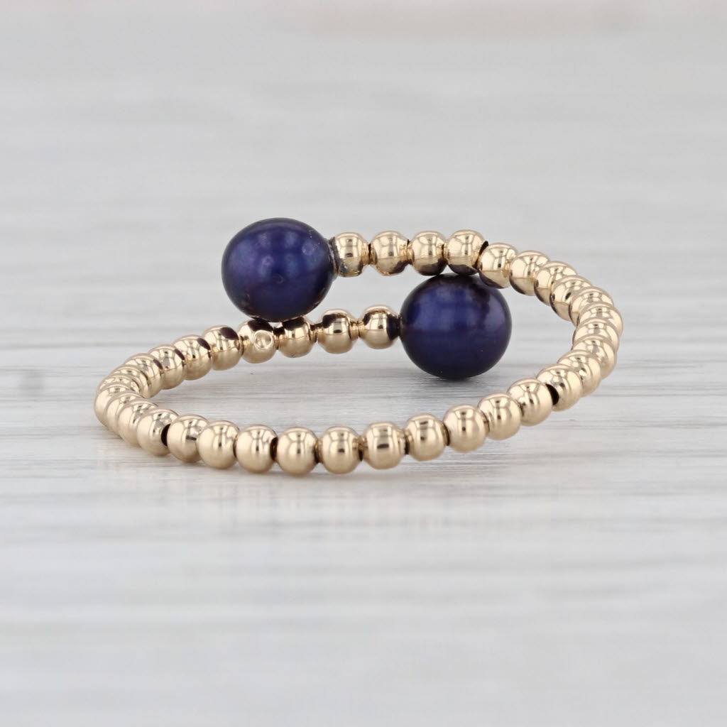 Blue Cultured Pearl Bypass Bead Ring 14k Yellow Gold Size 7+