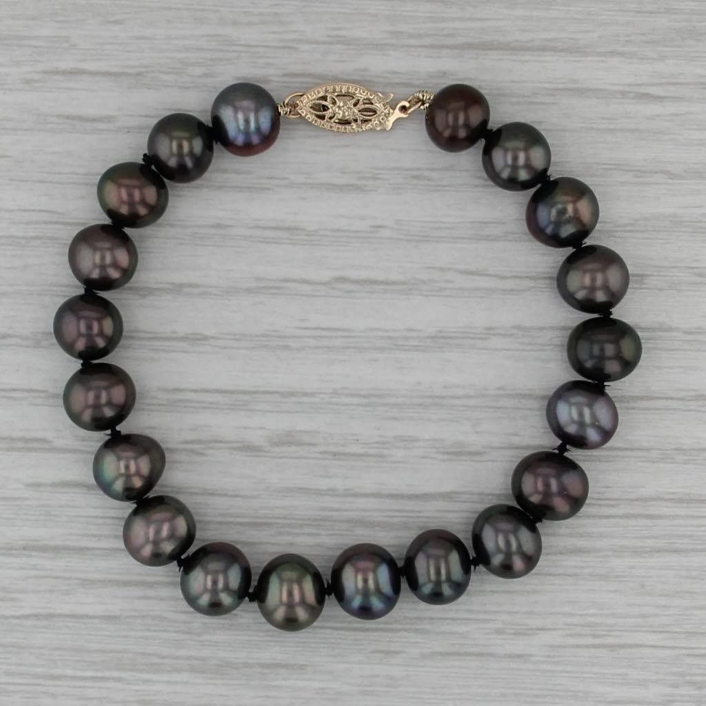 Black Cultured Pearl Strand Bracelet 14k Gold 7" 7.6-8.4mm