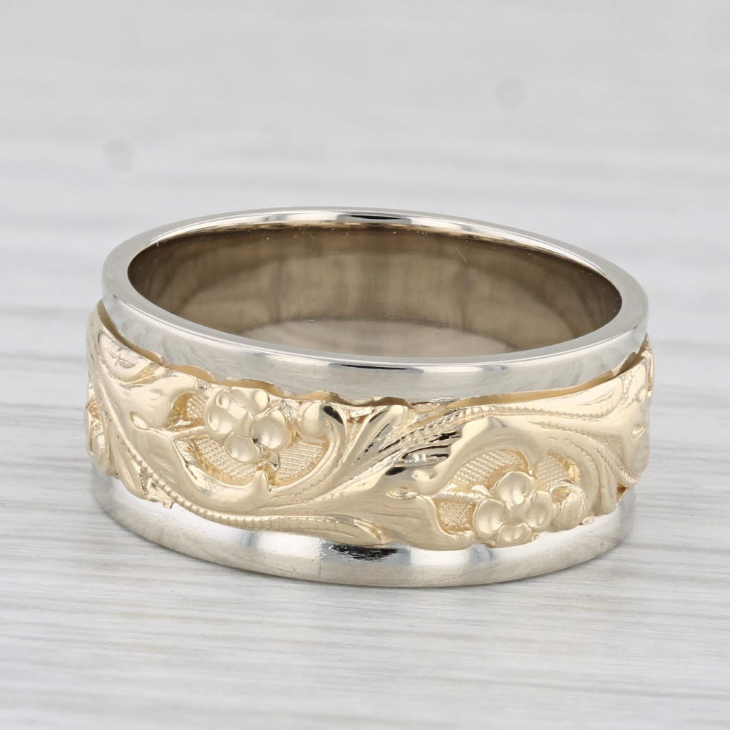 Light Gray Floral 2-Stone Ring 14k Yellow White Gold Size 6 Wide Band