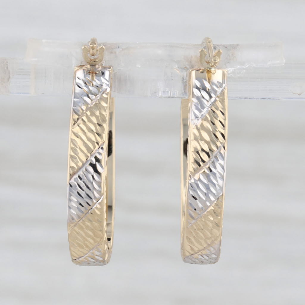 2-Toned Oval Hoop Earrings 10k Yellow White Gold Snap Top Hoops 23.1 x 4 mm
