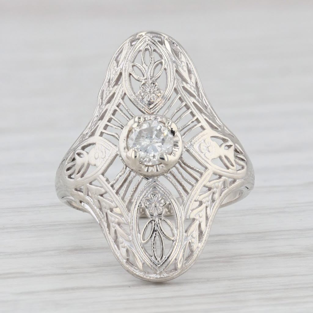 Light Gray 0.23ct Diamond Solitaire Filigree Ring 14k White Gold Size 3.5 Vintage Art Deco