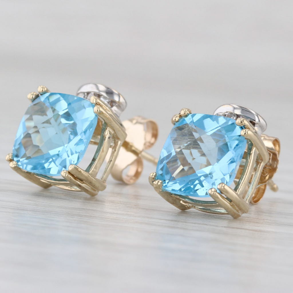 5.03ctw Cushion Blue topaz Diamond Stud Earrings 10k Yellow Gold Studs