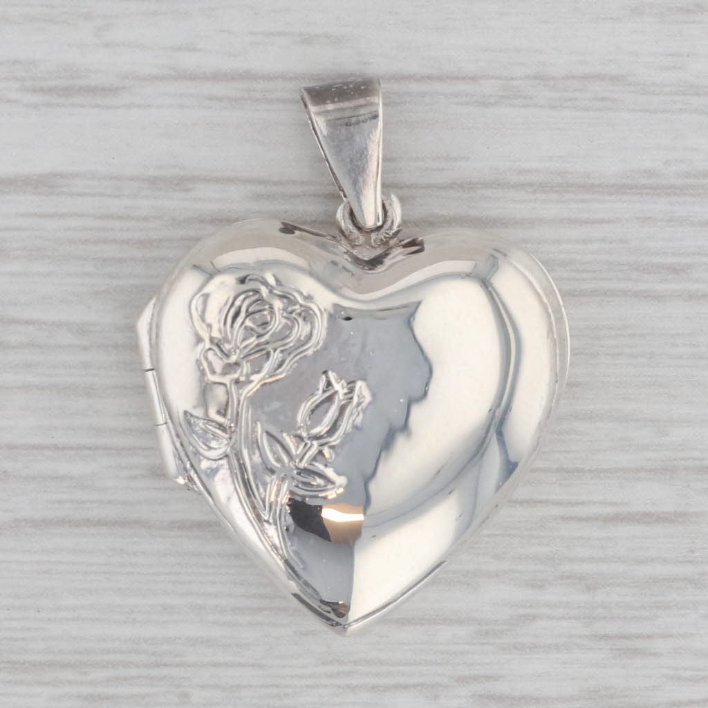 Gray Floral Heart Locket Pendant Sterling Silver Engraved Flowers Opens Engravable