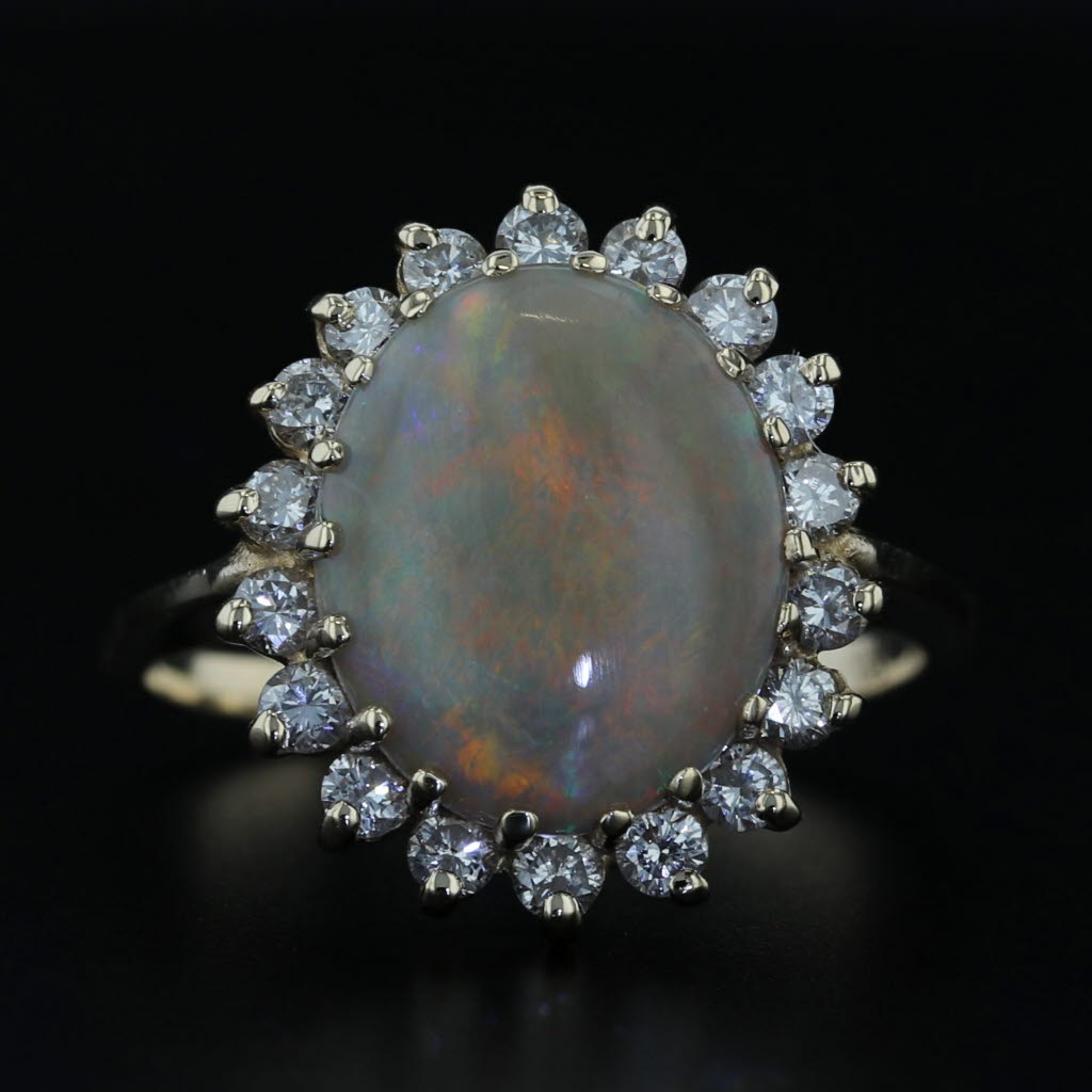 Oval Opal Cabochon Diamond Halo Ring 14k Yellow Gold Size 6.75