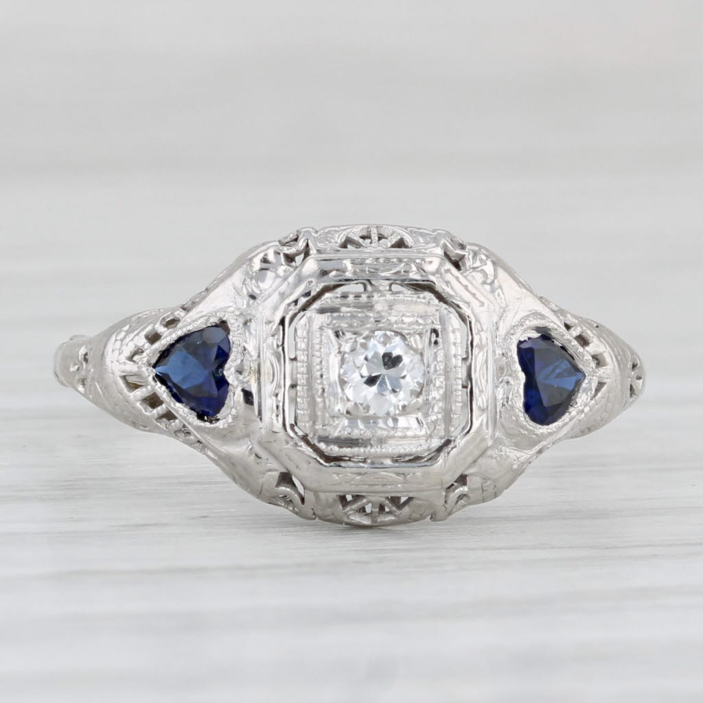 Light Gray Vintage Art Deco Diamond Lab Created Sapphire Hearts Ring 18k Gold Engagement