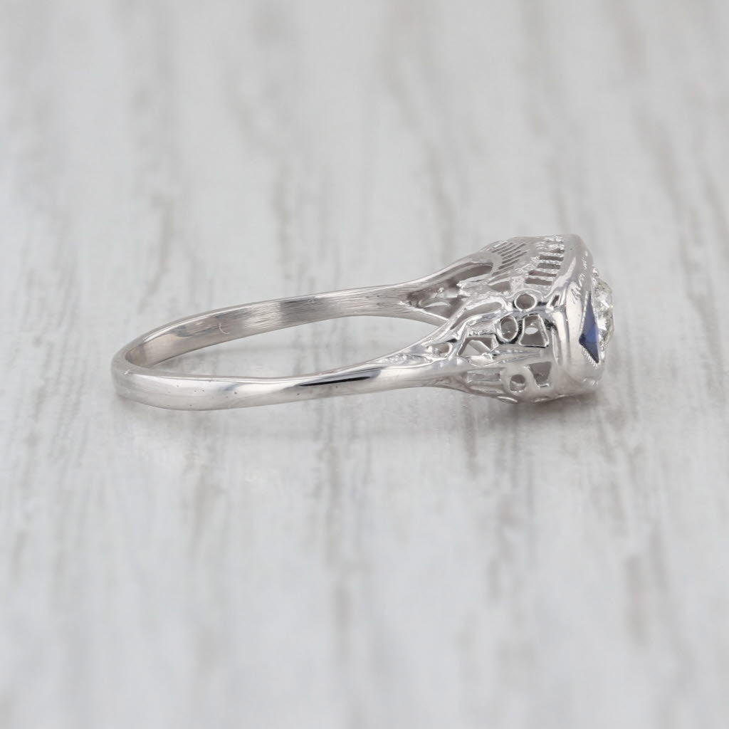 Art Deco Diamond Lab Created Sapphire Engagement Ring 18k White Gold Filigree