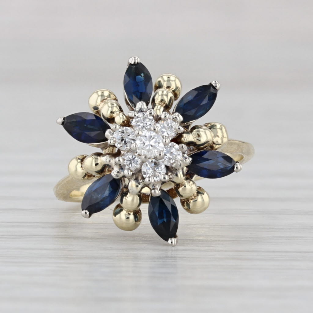 1.13ctw Blue Sapphire Diamond Flower Ring 14k Yellow Gold Size 4.25