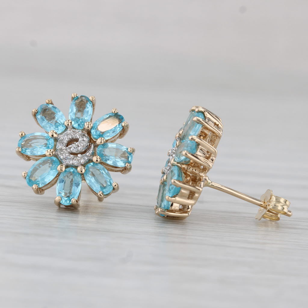 Gray 3.25ctw Blue Apatite Diamond Flower Stud Earrings 14k Yellow Gold