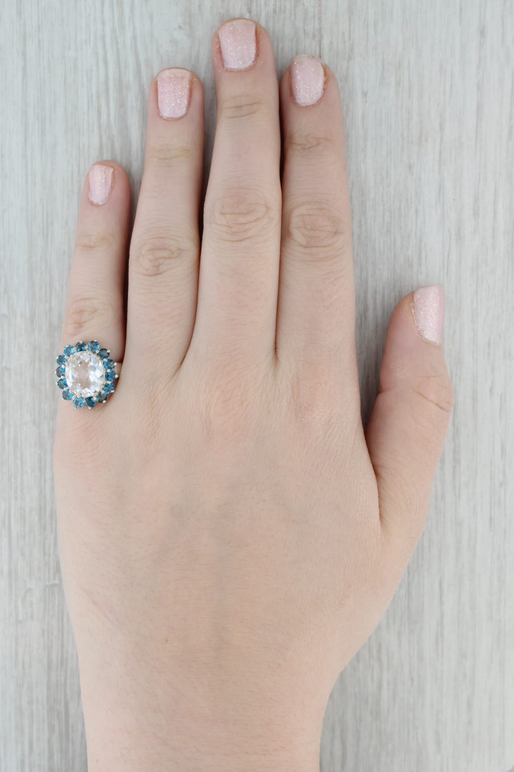 Gray Quartz Blue Topaz Halo Ring Sterling Silver Size 6 Statement Cocktail