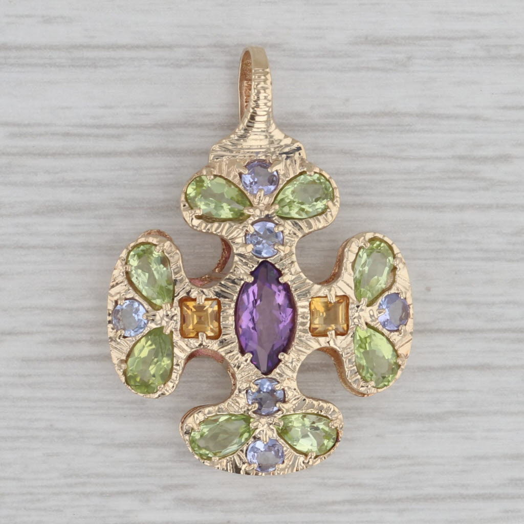 Gray 2.89ctw Gemstone Cross Pendant 14k Gold Amethyst Peridot Citrine Tanzanite