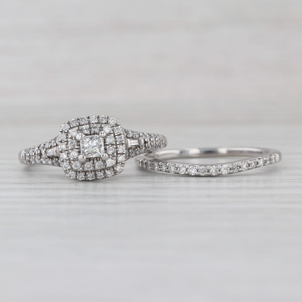 0.58ctw Diamond Halo Engagement Ring wedding Band Set 10k White Gold Size 7.5