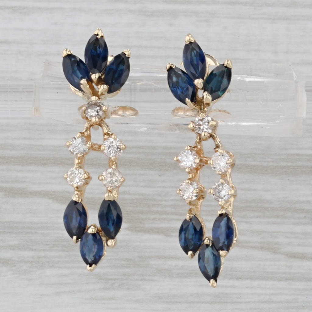 2.14ctw Blue Sapphire Diamond Dangle Earrings 14k Yellow Gold Drops