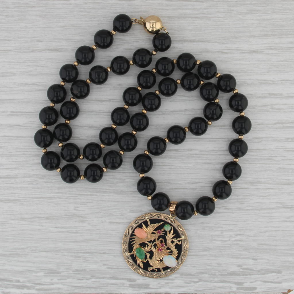 Gemstone Chinese Dragon Pendant Onyx Bead Necklace 14k Gold 21.25" Strand