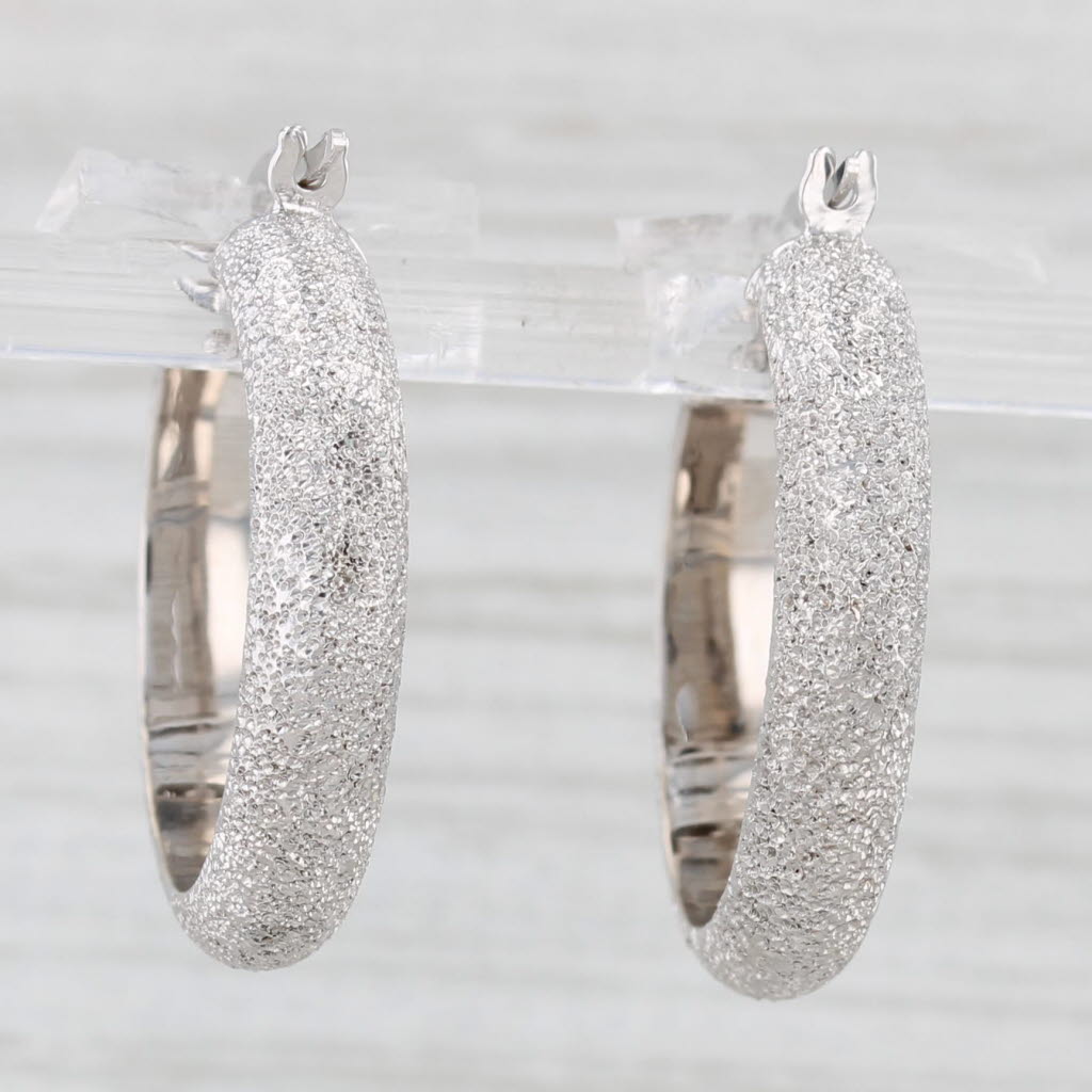 Light Gray Brushed Hoop Earrings 14k White Gold Snap Top Round Hoops Italy