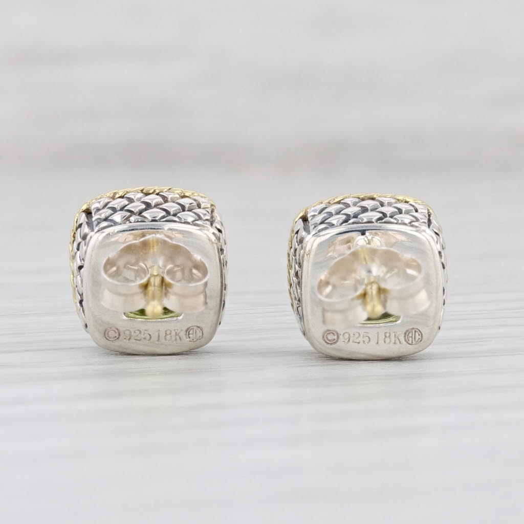 Light Gray 2.20ctw Peridot Stud Earrings 18k Gold Sterling Silver Cushion Solitaires