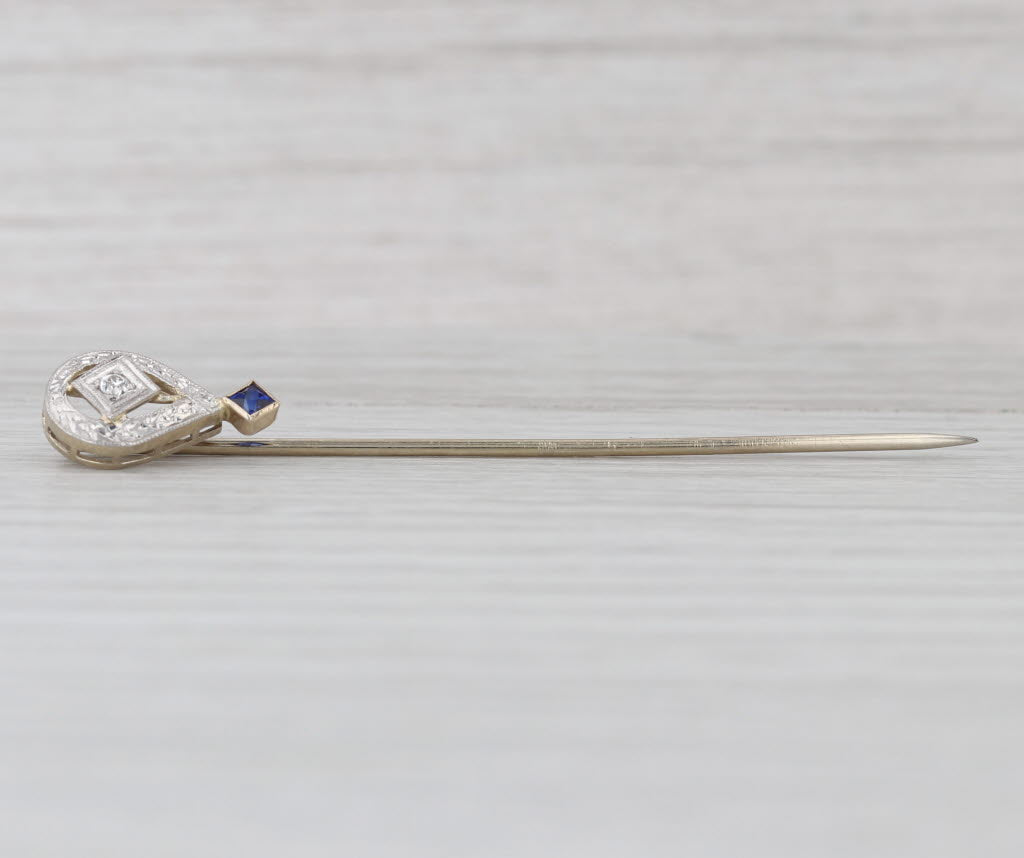 Antique 0.13ctw Diamond Lab Created Sapphire Stickpin 14k Gold Platinum